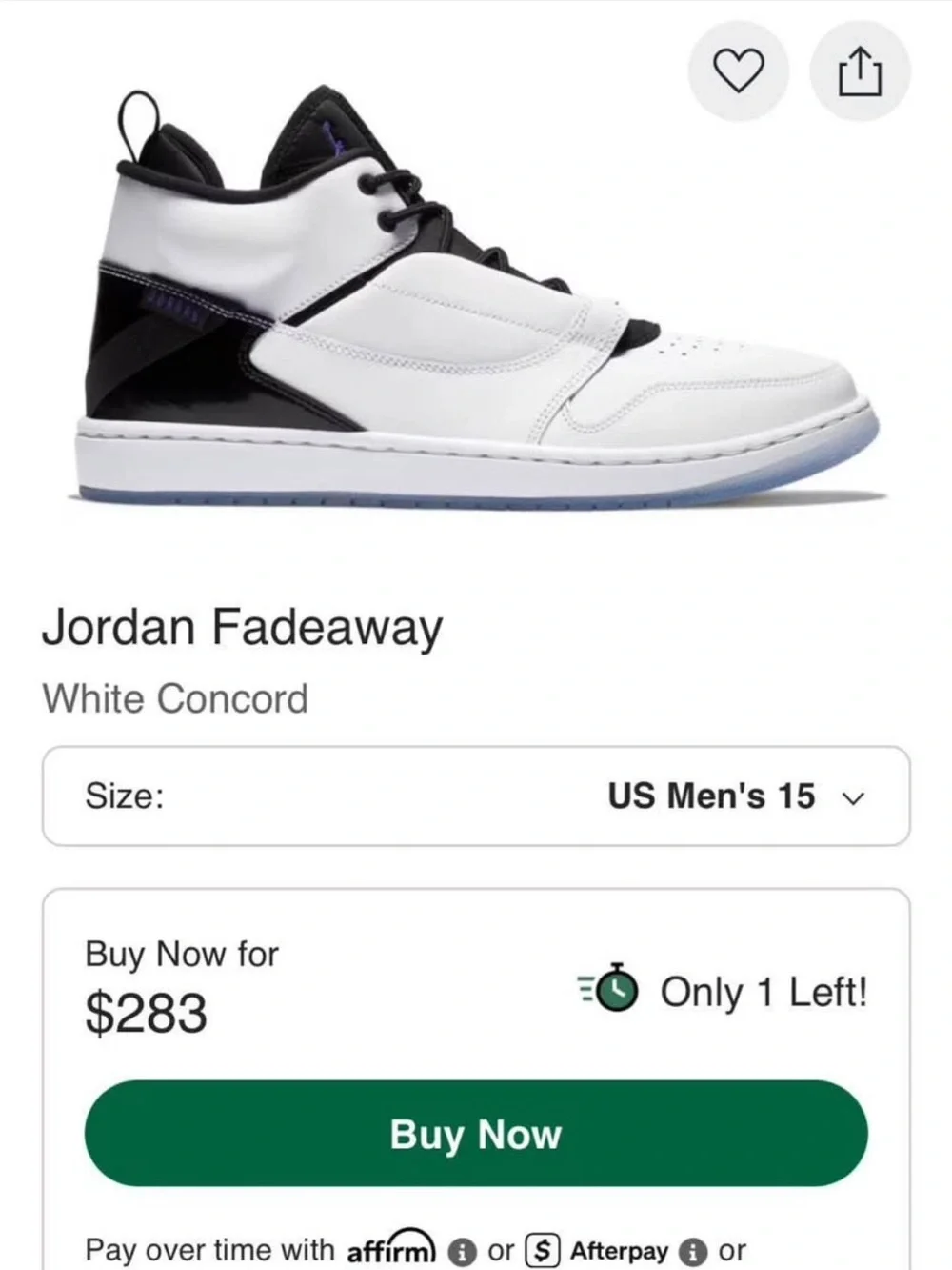 Men’s Jordan Fadeaway White and Black Sneakers with Purple Logo
